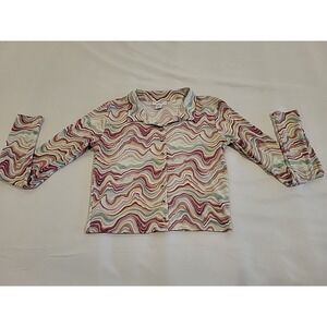 Just Polly Mosaic Multicolor Cropped‎ Shirt Long Sleeve Womens Size Med Juniors